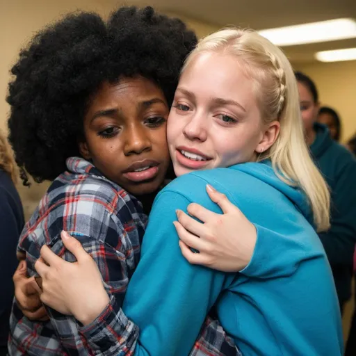 Prompt: One black girl with an black afro wearing a plaid button down shirt hugging a white girl with blonde hair wearing blue sweatshirt.. Both crying.