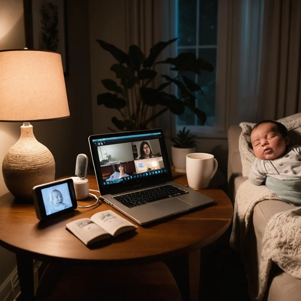 Prompt: A serene nighttime setting with a mom recording her podcast in a dimly lit, cozy living room after her children have gone to bed. The mom is sitting comfortably on a couch with her microphone, laptop, and a mug of tea beside her, exuding calm focus. The warm, soft lighting from a nearby lamp highlights the peaceful, reflective mood of the scene, symbolizing the quiet, productive moments moms can find in their busy days. A baby monitor on the table adds to the story of balancing motherhood and podcasting.