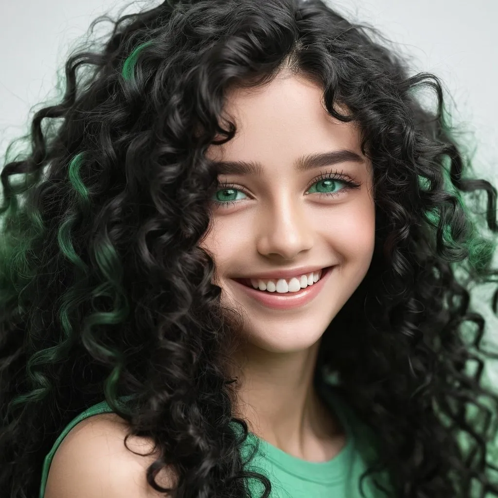 Prompt: masterpiece, best quality, a girl with long black curly hair,jade green eyes, smile, happy, 4k