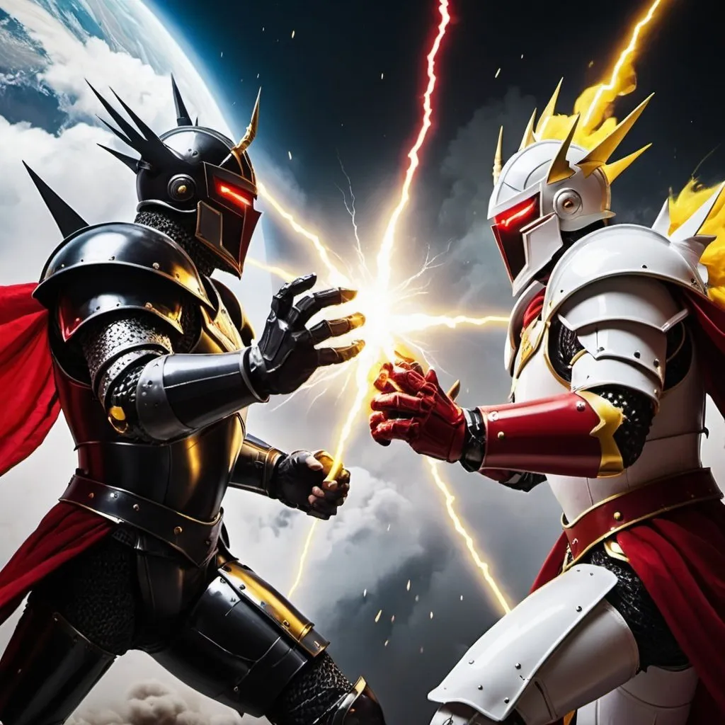 Prompt: Two kings are fighting in sapce. One is wearing fully black armor and the other wears fully white armor. The black armored king controles the red lightnings and the white armored king controles yellow lightnings. Their lightnings are collapsing and their red, yellow lightnings are spreading in space