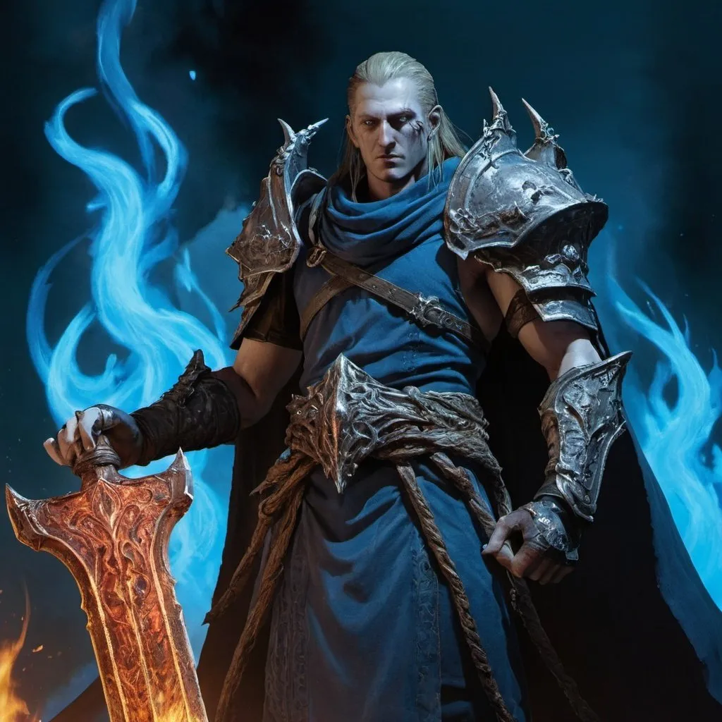 Prompt: radahn from elden ring holding a sycthe with his right hand. background blue fires