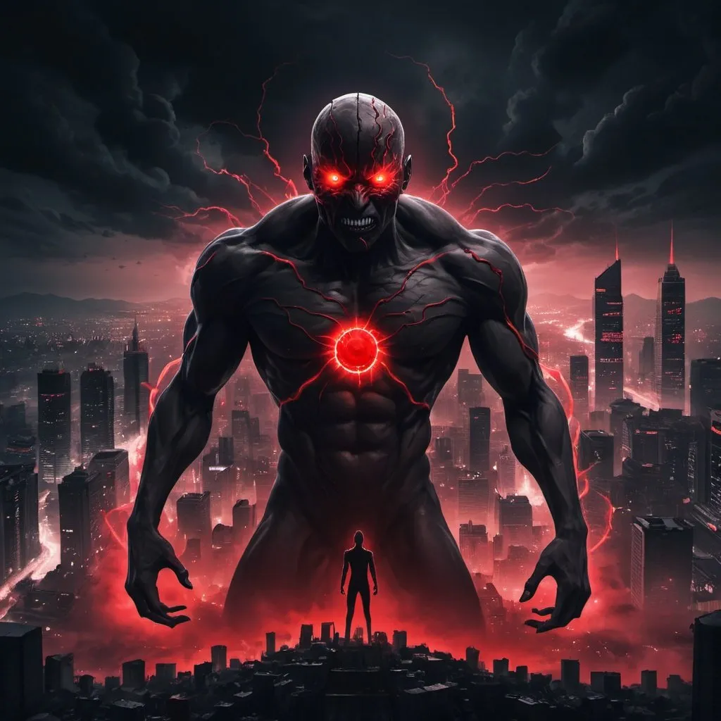 Prompt: a human formed darkness with red glowing eyes destroying a city