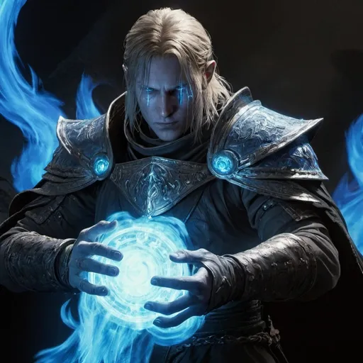 Prompt: radahn from elden ring holding a sycthe with his right hand and there are blue fires around him.