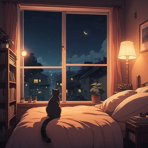 Prompt: album music cover, lofi, cozy room, anime, a cat on the background, night, warm light, night time