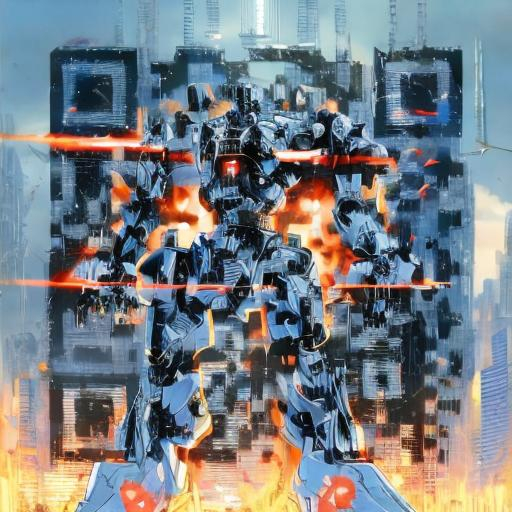 Prompt: masterpiece, best quality, mecha, no humans, black armor, blue eyes, science fiction, fire, laser canon beam, war, conflict, destroyed city background