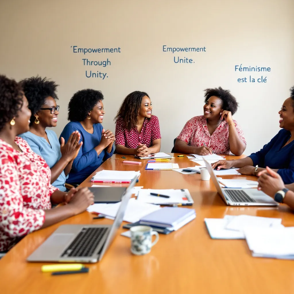 Prompt: 6 Black women around table in office 
happy to done positif action
