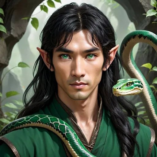 Prompt: A half-elf Asian man with long black hair, green eyes and a snake mark on his neck