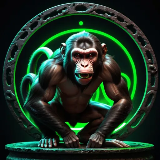Prompt: Asian horoscope, black,brown,long shiny hair, mthical,,monkey in circle, glowing neon green lighting nightmarish,horrifying,scary, Terrifying and evil, muscle mass 3D,dark shadow, epic masterpiece, prehistoricia, teeth sharp and showing