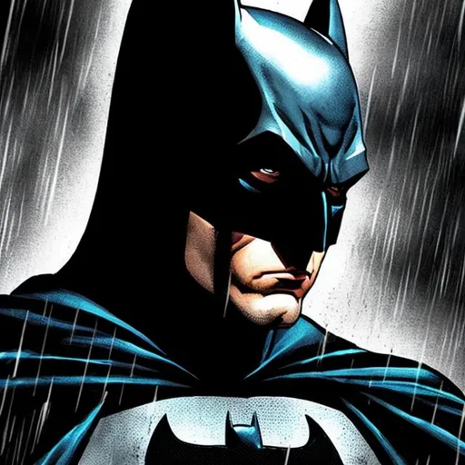 Prompt: sad batman with rain