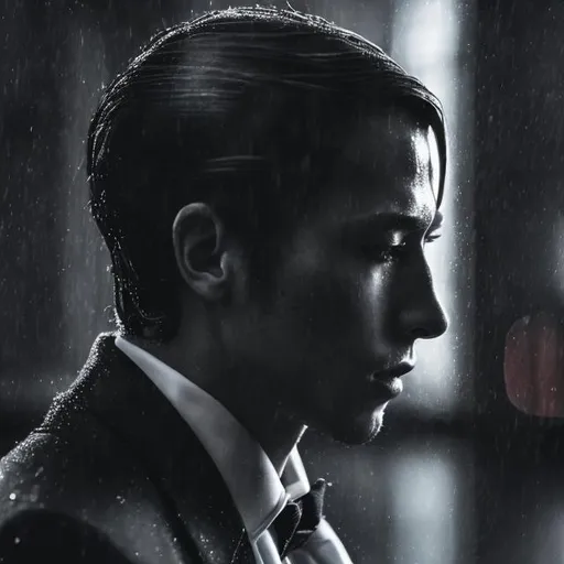 Prompt: sad elegant man rainy