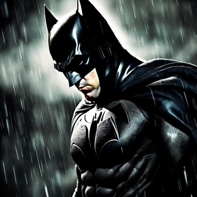 Prompt: sad batman with rain full black suit