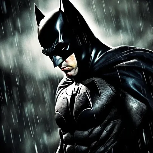 Prompt: sad batman with rain full black suit