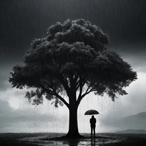 Prompt: blck tree with a sad person and rain