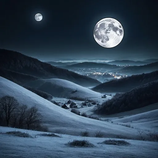Prompt: Frozen hills in night with scary fullmoon