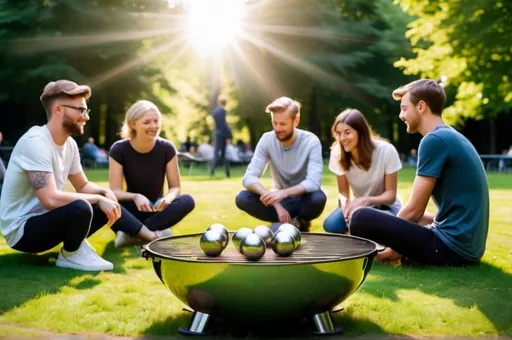 Prompt: Create a picture of a small group of young female and male tech professionals grilling on a round grill located on grass in a park in Oslo. In another corner of the picture, other young professionals are playing pétanque with shiny metal balls. The ground is surrounded by lush trees, and the afternoon sun glows.