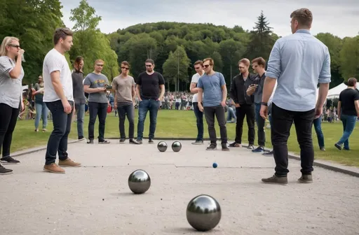 Prompt: Create an image of a group of younger tech professionals playing petanque in Frogner park in Oslo. In the foreground add a barbecue. Remove tents and people in the background.
Some spectators grill on a barbecue while others hold beer cans.
Some are gathered on the gravel court, focused intently on their game. One player is poised to throw, holding a shiny metal ball, his eyes fixed on the cochonnet. The picture includes no buildings but shows the statue Sinnataggen in the background.