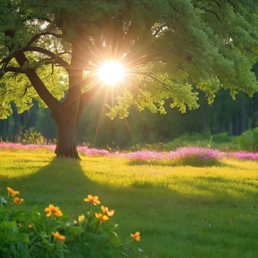 Prompt: trees,flowers,grass,sun
