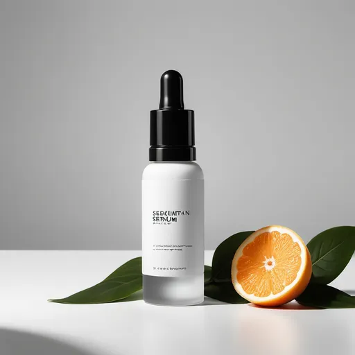 Prompt: Create a photography for a skincare launch. The launch is one just one serum, for dark complexion skin. The photography needs to be simple, minimalist but impactful. It is a serum and not a cream, so the liquid needs to be transparent. There should not be any woman on it. It is a product that targets hyperpigmentation. The bottle of the serum should be see through. Please take inspiration of the brand The Ordinary. There should not be too much colors or even nature elements. Keep it simple.