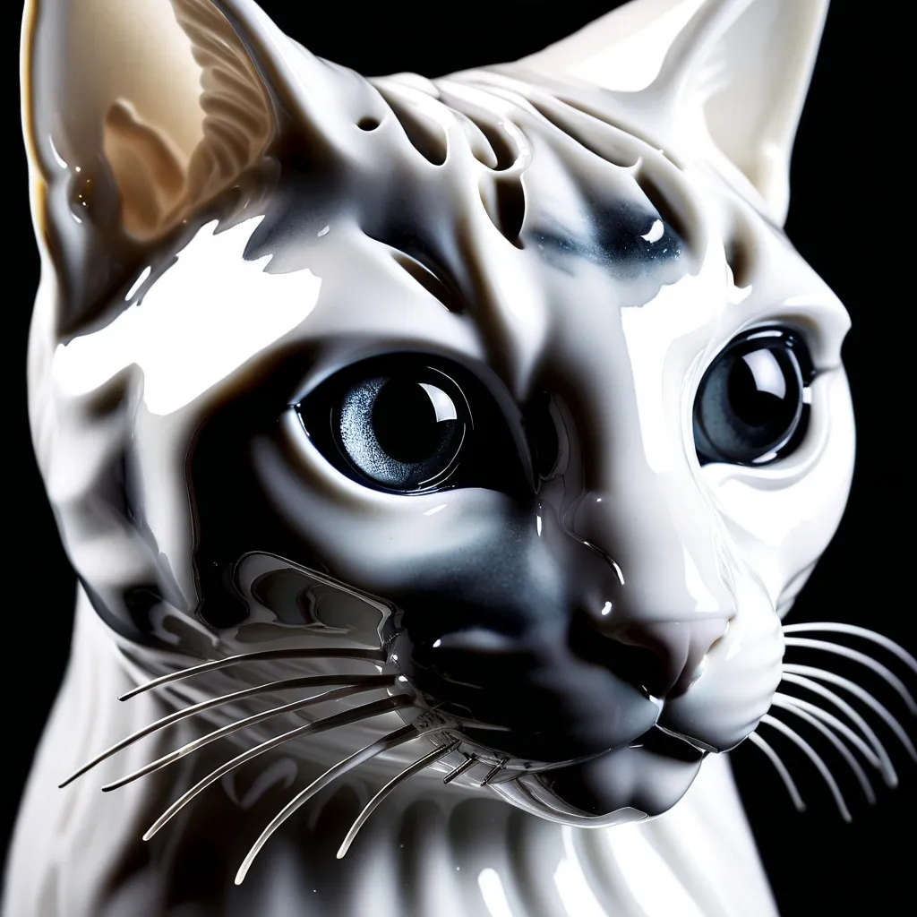 Prompt: White glossy porcelain sculpture of a cat, detailed eyes, beauty, soft studio lighting, black background, highres, detailed, porcelain, sculpture, cat, artistic, beauty, professional, studio lighting, glossy, intense gaze, elegant, high quality