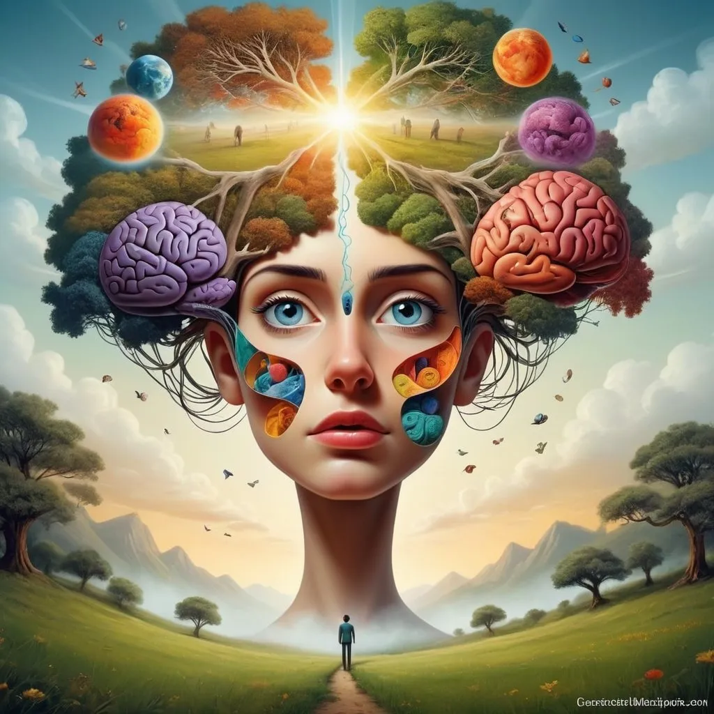 Prompt: Imagina un paisaje mental donde los conceptos de la neurociencia del lenguaje y el pensamiento se convierten en imágenes vívidas y surrealistas. Este prompt invita a explorar la intersección entre el cerebro, el lenguaje y la cognición a través de una serie de escenas visuales inspiradas en los hallazgos científicos y teorías en este campo. Desde representaciones abstractas de las áreas del cerebro asociadas con la producción y comprensión del lenguaje hasta metáforas visuales que ilustran el poder de la persuasión y el cambio de pensamiento, este proyecto busca capturar la complejidad y la belleza de la mente humana.