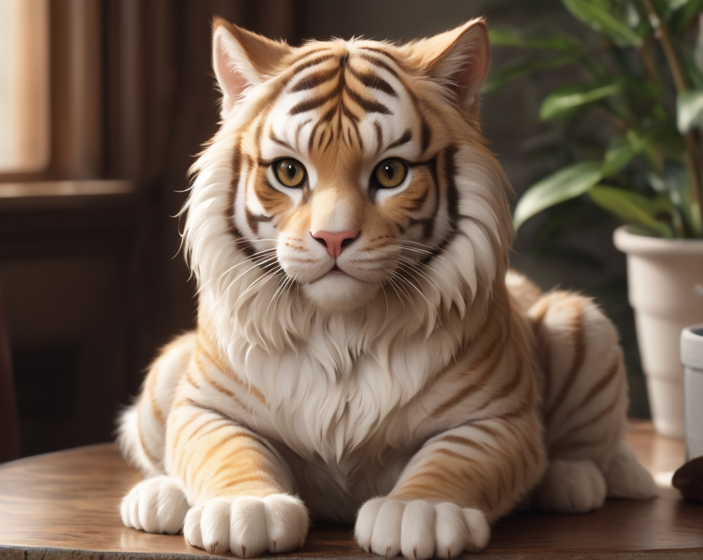 Prompt: Photorealistic illustration of a cute cat, golden and white tiger-striped fur, sitting on a table, adorable and attentive gaze, lifelike eyes, high quality, photorealism, detailed fur, warm lighting, realistic rendering, lifelike, adorable, cute, realistic cat, golden and white fur, attentive eyes, lifelike expression, table setting, high quality