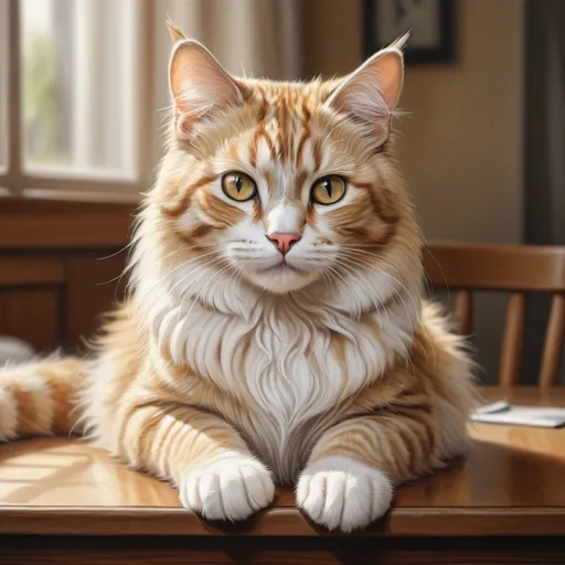 Prompt: Photorealistic drawing of a cute cat, golden and white striped fur, attentive and tender gaze, sitting on a table, best quality, photorealism, detailed fur, subtle lighting, tender eyes, realistic art, warm tones, detailed surroundings