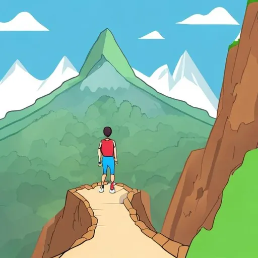 Prompt: Cartoon showing a person reached the top of the moutain and yet there is another mountain in front of this person.
