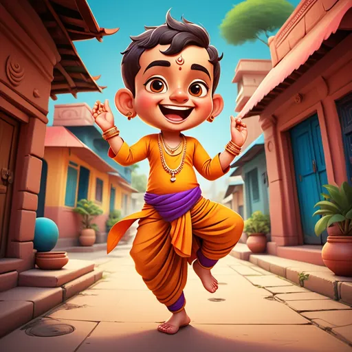 Prompt: joyful character, (small body, big head), wearing traditional (dhoti and kurta), vibrant colors, cheerful expression, dynamic pose, playful atmosphere, whimsical style, bright background, lively details, ultra-detailed, HD quality, cartoonish charm, engaging and fun setting, enchanting visual elements, decorative motifs.