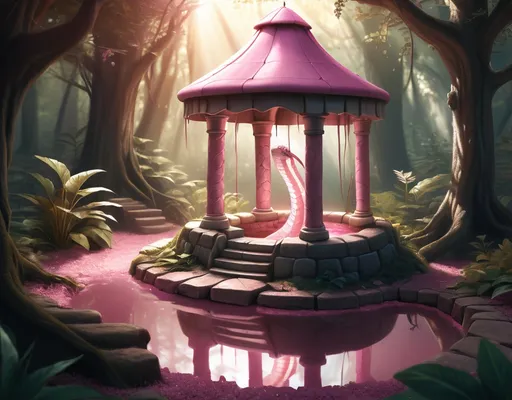 Prompt: hyper-realistic wishing well deep forest, fantasy setting art, pink snake emerging in sunbeam, illustration, dnd, warm tone