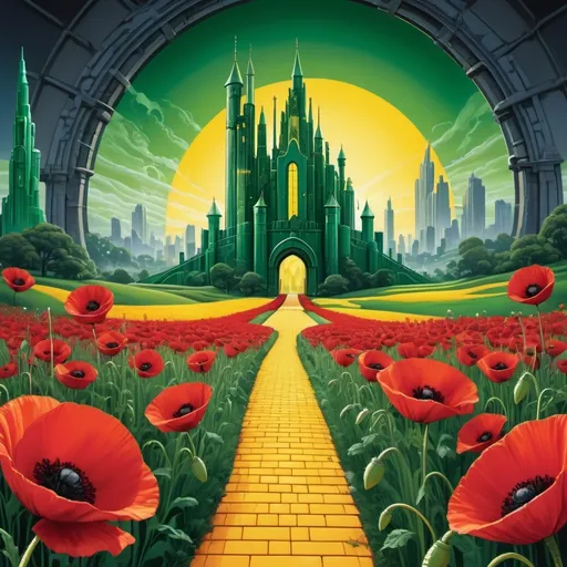 Prompt: (Emerald City of Oz), vibrant art deco style, gleaming, yellow brick road leading to the city, fields of red poppy flowers on either side, Wicked Witch of the West’s tower on the left, bold bright saturated color scheme, visually balanced composition, intricate architectural details, luxurious and radiant atmosphere, ornate and geometric design elements, stylized vibrant greens, yellows, and reds, dramatic lighting, high contrast, ultra-detailed, cinematic masterpiece, high resolution, 4K