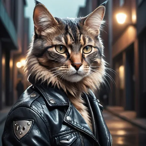 Prompt: Cool-toned digital painting of a stylish cat, wearing a leather jacket, urban street setting, moody and mysterious atmosphere, detailed fur with subtle highlights, piercing gaze, high-quality, digital art, cool tones, urban, mysterious, leather jacket, stylish cat, detailed fur, intense gaze, high quality, atmospheric lighting