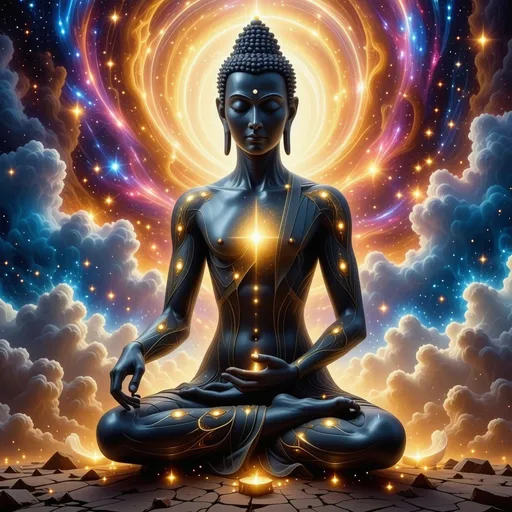 Prompt: (photorealistic) image of a (Buddha-inspired figure) reimagined as an (alien being), ethereal features with otherworldly skin tones and intricate patterns, surrounded by a cosmic background with vibrant galaxies, (serene expression), glowing aura, complex details showcasing both spiritual and extraterrestrial elements, ultra-detailed, imaginative. sitting in lotus position
