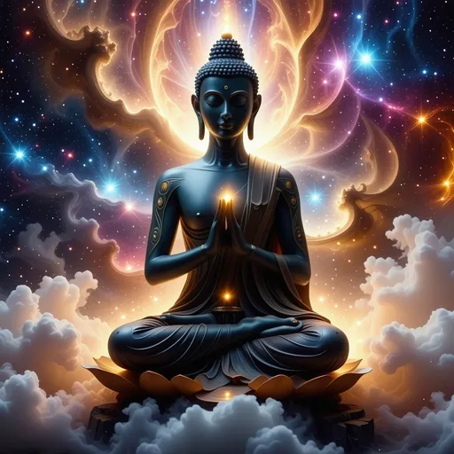 Prompt: (photorealistic) image of a (Buddha-inspired figure) reimagined as an (alien being), ethereal features with otherworldly skin tones and intricate patterns, surrounded by a cosmic background with vibrant galaxies, (serene expression), glowing aura, complex details showcasing both spiritual and extraterrestrial elements, ultra-detailed, imaginative. sitting in lotus position
