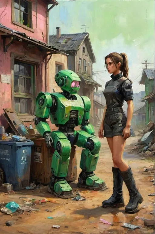 Prompt: A determined young engineer, Josefina, with a high ponytail, practical work clothes, and sturdy boots. She is next to a metallic, retro-futuristic robot that is recycling trash.  In the back of the scene there is a large, toxic green amorphous mass. The scene is set on a dusty village street with simple houses, some with broken windows.  The dawn lighting, with hues of orange and pink.