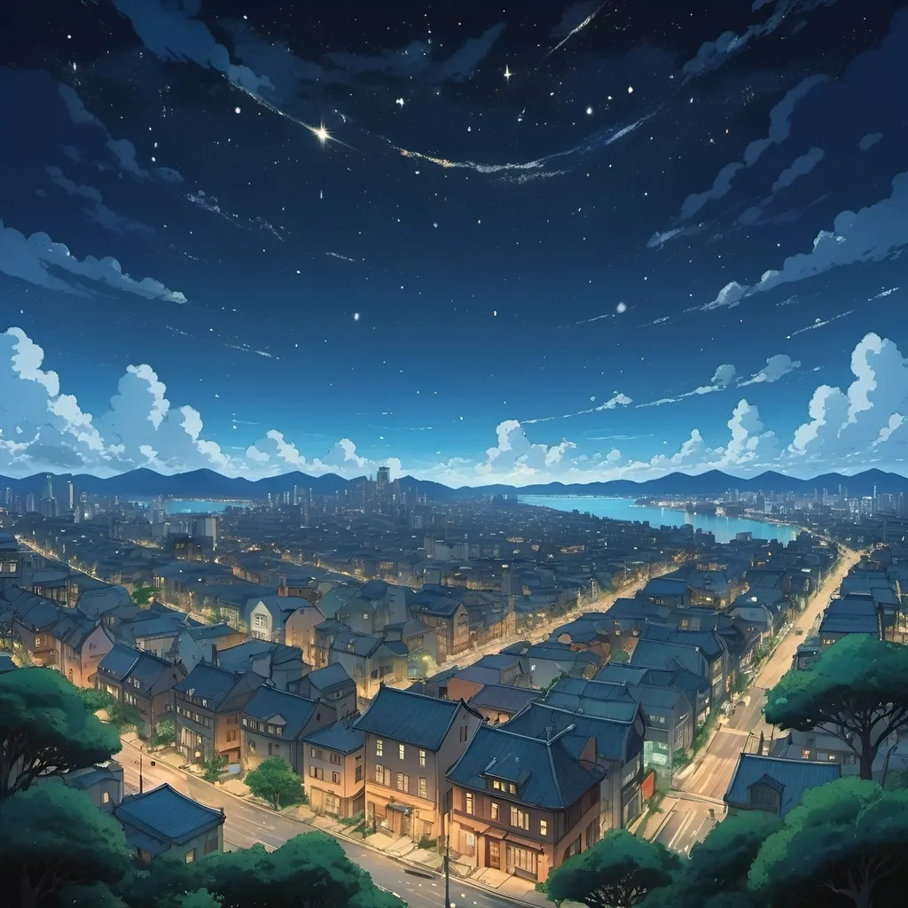 Prompt: 2d studio ghibli anime style, 
a starry sky and a city below, rich in details