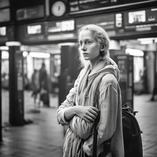 Prompt: Beautiful natural lost looking blonde woman in 30s, skinny, 
no make-up wearing dirty white clothes. She's homeless. 
Full body standing facing the camera in a really busy English train station foyer with the train time boards in the background. 