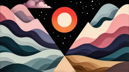 Prompt: This is a digital painting with a surrealist style, featuring a vivid and abstract composition. The central focus is a large, black equilateral triangle positioned in the lower third of the image, set against a backdrop of undulating, wave-like forms. These forms are composed of various pastel and muted colors, including pinks, purples, blues, and greens, creating a sense of movement and fluidity. A prominent, glowing red-orange circle is embedded within the upper wave-like forms, resembling a sun or moon, adding a focal point of intense color amidst the softer hues. The background is predominantly black, with subtle star-like specks scattered throughout, suggesting a night sky. The lower portion of the image transitions into a gradient of green and brown, resembling a landscape or field. The painting employs a smooth, almost glass-like texture, with clean, defined edges and a harmonious blend of colors. The overall composition evokes a sense of otherworldliness and abstract beauty, blending elements of nature and geometric forms. The use of color and form creates a dreamlike, almost ethereal atmosphere.