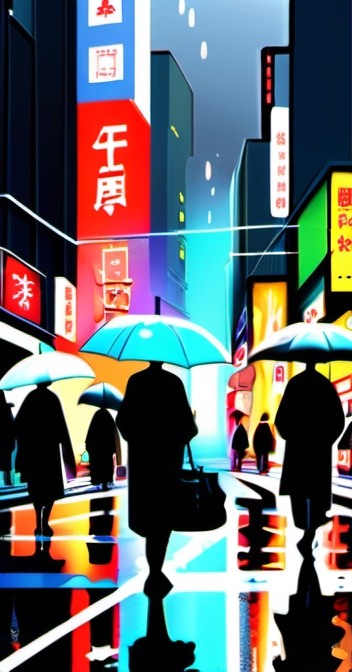 Prompt: (metaphysical painting) rainy night, busy streets, large intersection, reflective puddles, umbrellas, bright japanese billboards