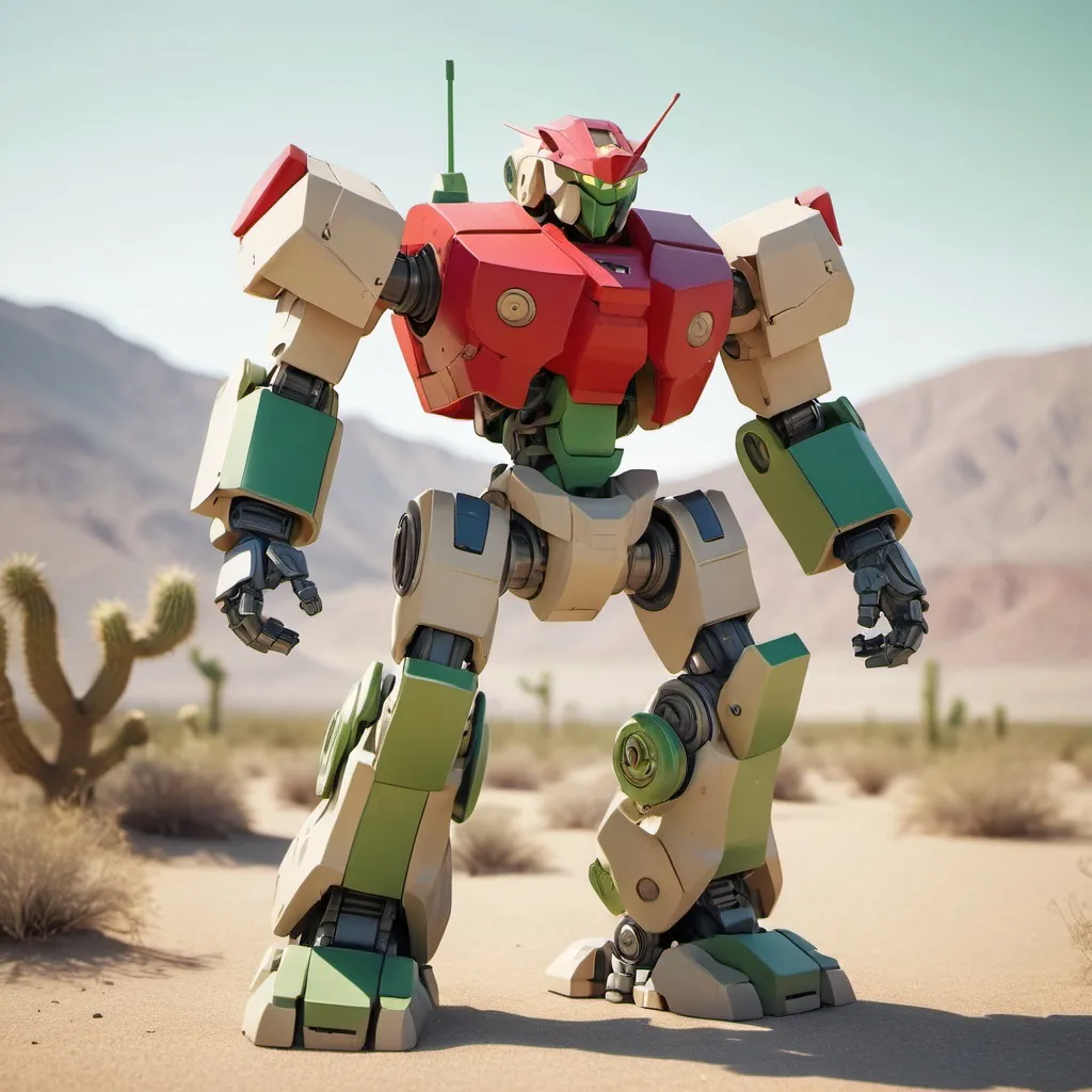 Prompt: A semi-blocky, Mecha with a red torso  torso and light khaki arms and legs. It also has a light khaki, semi-round head with a glowing green eye, firing a rifle at enemies, in the Mojave Desert, full-body, cinematic render