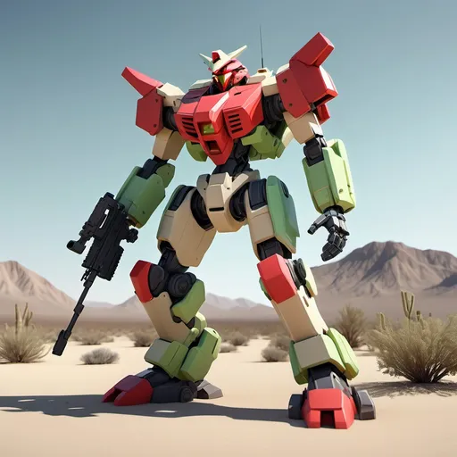 Prompt: A semi-blocky, Mecha with a red torso  torso and light khaki arms and legs. It also has a light khaki, semi-round head with a glowing neon green visor, firing a rifle at enemies, in the Mojave Desert, full-body, cinematic render