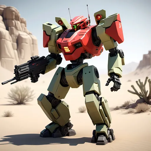 Prompt: A semi-blocky, Mecha with a red torso  torso and light khaki arms and legs. It also has a light khaki, semi-round head with a glowing neon green visor, firing a rifle at enemies, in the Mojave Desert, full-body, cinematic render