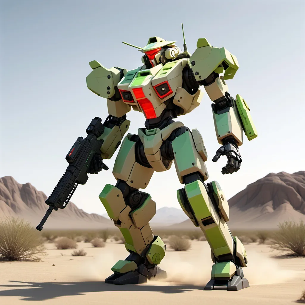 Prompt: A semi-blocky, Mecha with a red torso  torso and light khaki arms and legs. With a light khaki, semi-round head with a glowing neon green visor, firing a rifle at enemies, in the Mojave Desert, full-body, cinematic render