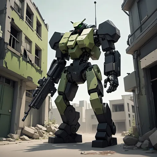 Prompt: A blocky black Mecha with an olive-green torso , rifle at the ready, leaning against a slightly decrepit building, full-body, cinematic render