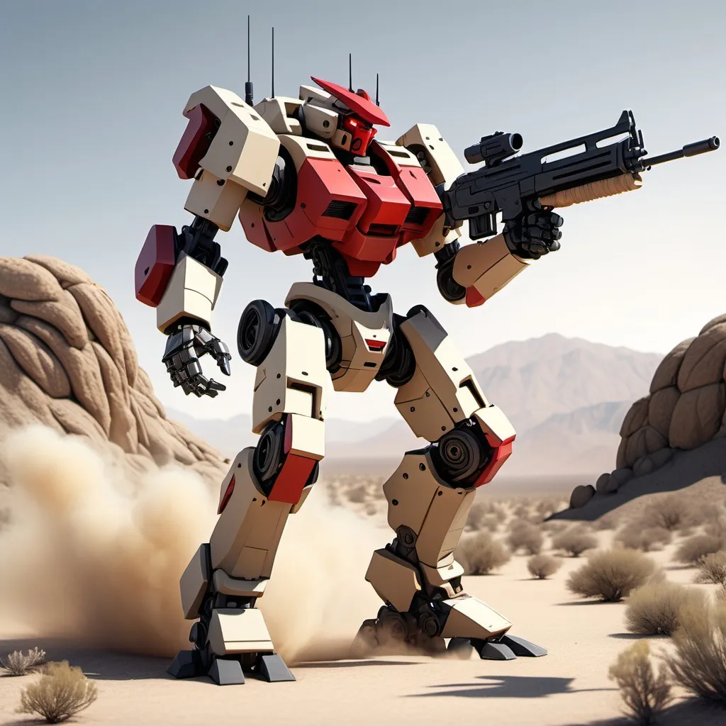 Prompt: A semi-blocky, Mecha with a red torso  torso and light khaki arms and legs, firing a rifle at enemies, in the Mojave Desert, full-body, cinematic render