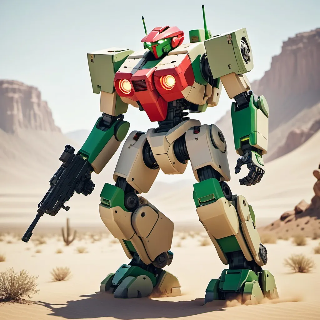 Prompt: A semi-blocky, Mecha with a red torso  torso and light khaki arms and legs. It also has a light khaki, semi-round head with a glowing green eye, firing a rifle at enemies, in the Mojave Desert, full-body, cinematic render