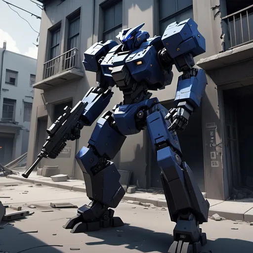 Prompt: A semi-blocky black Mecha with a midnight blue torso, firing a rifle , leaning against a slightly decrepit building, full-body, cinematic render