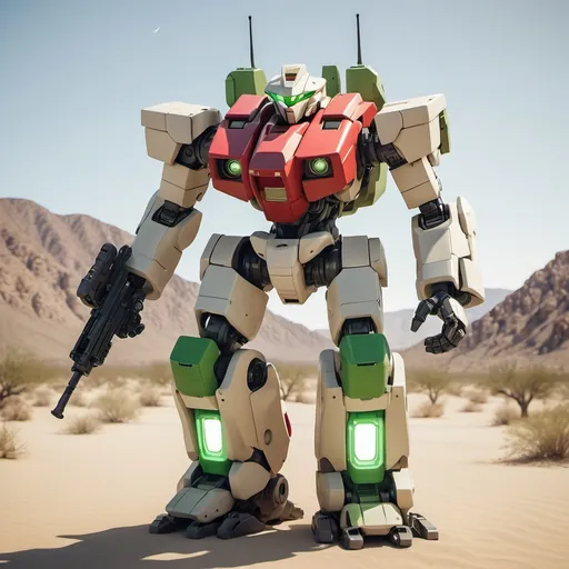 Prompt: A semi-blocky, Mecha with a red torso  torso and light khaki arms and legs. It also has a light khaki, semi-round head with a glowing green eye, firing a rifle at enemies, in the Mojave Desert, full-body, cinematic render