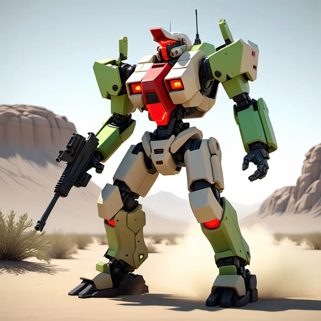 Prompt: A semi-blocky, Mecha with a red torso  torso and light khaki arms and legs. With a light khaki, semi-round head with a glowing neon green visor, firing a rifle at enemies, in the Mojave Desert, full-body, cinematic render