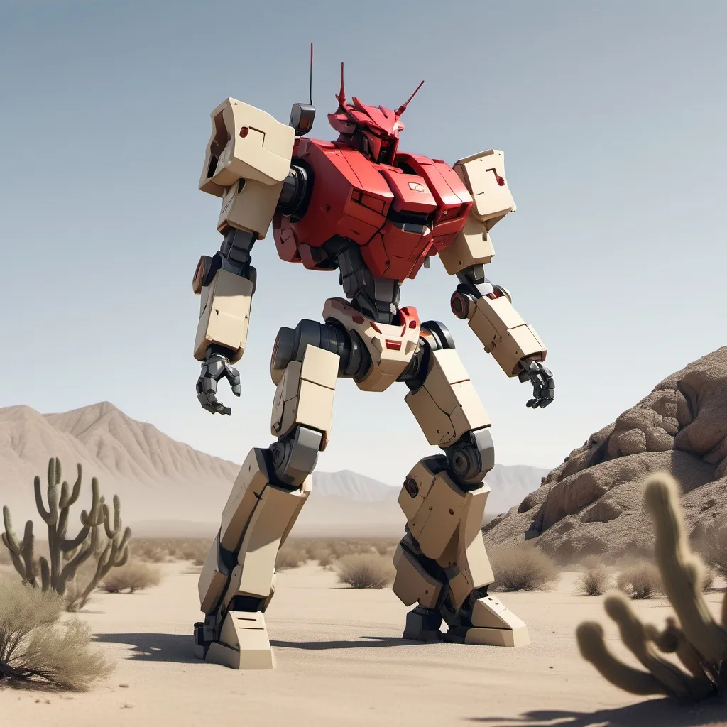 Prompt: A semi-blocky, Mecha with a red torso  torso and light khaki arms and legs, firing a rifle at enemies, in the Mojave Desert, full-body, cinematic render