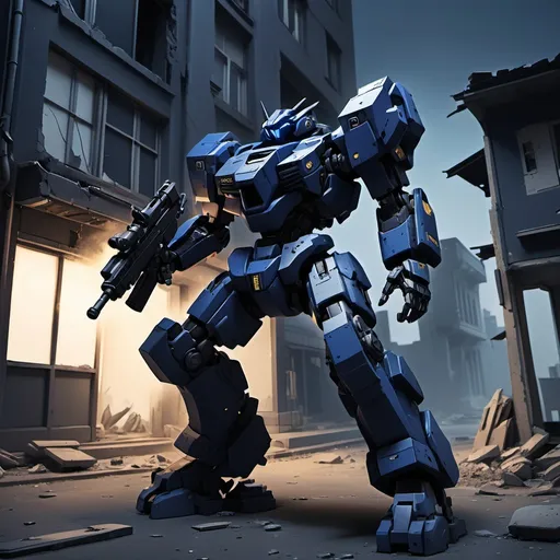 Prompt: A semi-blocky black Mecha with a midnight blue torso, firing a rifle , leaning against a slightly decrepit building, full-body, cinematic render